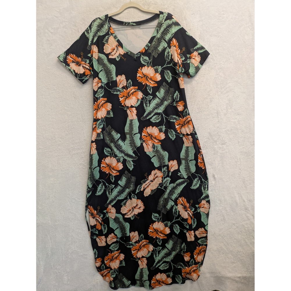 Arolina Tropical‎ Floral Print Maxi Dress V-Neck Short Sleeve Women's Size L